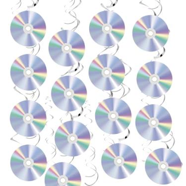 Imagem de Decorações de CD, Kaluofan 32 peças decorações de papel de festa discoteca retrô dos anos 90, decorações de parede de CD iridescentes para festa de aniversário dos anos 1990 e 2000 Y2k música temática