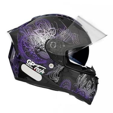 Imagem de Capacete de Moto GP Tech Feminino Linha V128 Modelo Tribal Com Oculos Interno Viseira interna Preto e Roxo Brilhante Visual Super TOP Destaque Fechado Narigueira Motociclista viagem (M-58)