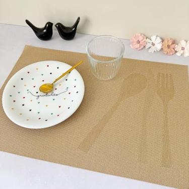 Imagem de Kit 6 Lugar Jogo Americano Retangular Mesa Posta Jantar Cozinha Sousplat Descanso De Prato Decorativo(Talheres Dourado)