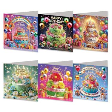 Imagem de MaiYiYi Pacote com 6 cartões comemorativos DIY Happy Birthday Diamond Art, Kit de cartões comemorativos com pintura de diamante de bolo de aniversário, cartões de arte de diamante com balões com