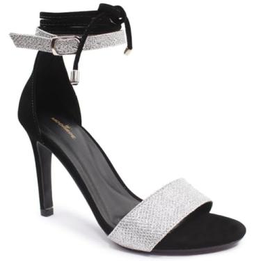 Imagem de Sandália Modarpe Salto Alto Fino Brilho Amarração F18 (Preto Prateado, BR, Adulto, Numérico, 37)