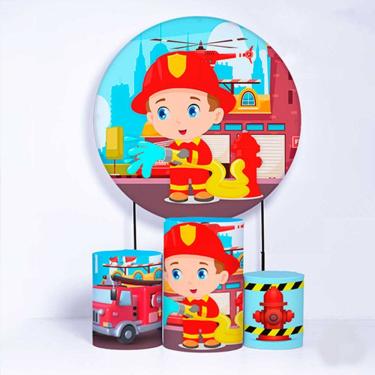 Imagem de Kit Painel de Festa Redondo e Trio de Cilindros Bombeiros - Fera Print