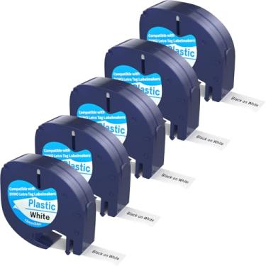 Imagem de Pacote com 5 fitas de etiqueta compatíveis com refil DYMO Letratag preto sobre branco, fita de etiqueta de papel 1,27 cm x 33 cm, substituição para Dymo LetraTag Plus LT-100T LT-100H QX50 (preto em