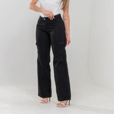 Imagem de Calça Wide leg Cargo bolso do lado Feminina Jeans Pantalona Cintura al