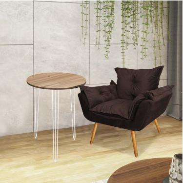Imagem de Kit Poltrona Opala Com Mesa Roma Ferro Branco Tampo Redondo Castanho Corino Marrom - Amey Decor