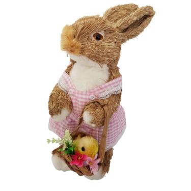 Imagem de Coelha Em Palha Natural Com Vestido Rosa 37cm