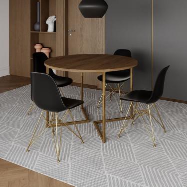 Imagem de Mesa Jantar Industrial Redonda 110Cm Amêndoa Base V Dourada C/4 Cadeiras Pretas Base Cor: Amendoa