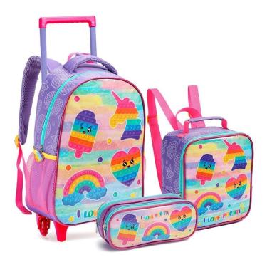 Imagem de Kit Mochila Rodinha Lancheira Estojo Infantil Menina Feminina Pop It Sorvete Seanite