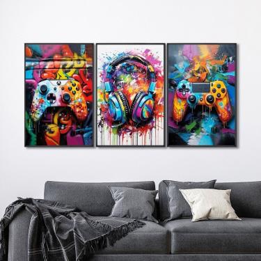 Imagem de Quadro Decorativo Vídeo Game Modelo Gamer Com 3 Telas De Parede Para Sala Quarto Escritório 60cm X 9 Preto