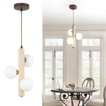 Imagem de Fivemengo 1 Pacote De Luminária Pendente Wabi Sabi, 3 Luzes, 9,48 Pol., Pedra Travertino Natural E Abajur Vidro, Nórdica Japonesa Para Cozinha, Ilha, Sala Jantar, Quarto (Lâmpada Incluída)