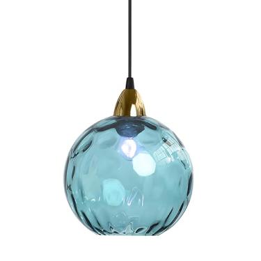 Imagem de XIRYTU-H Luminária Pendente De Vidro Esférica Vintage Industrial 20 Cm/7,9 Pol., Teto E26, Acabamento Dourado E Cúpula Ondulada, Lustre Para Sala Jantar Quarto (Azul-Celeste)
