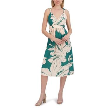 Imagem de Laundry by Shelli Segal Vestido midi casual chique sem mangas com gola V, Montanha verde, 36