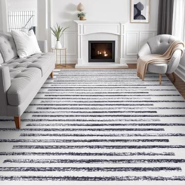 Imagem de Carvapet Tapete grande de 22 x 30 cm para sala de estar, quarto, dormitório, 23 x 30,5 cm, preto e branco, lavável, tapete listrado com revestimento de borracha, dobrável, antiderrapante, fino e