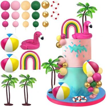 Imagem de 23 PCS Hawaiian Beach Cake Decoration Set Summer Cake Decor with Flamingo Rainbow and Coconut Tree Toppers for Hawaiian Theme Party