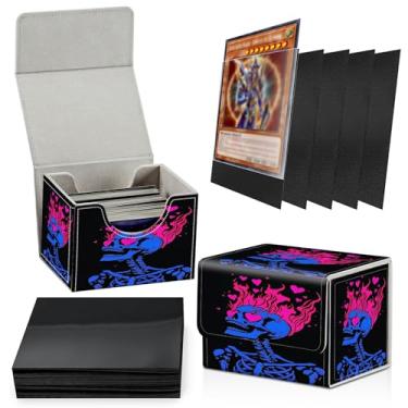 Imagem de SROJDHFJB Card Deck Box Plus 100 Counts Black Card Sleeves, Skull Pink Hearts for Collectible MTG TCG CCG Card Storage Box Horizontal Holds 100+ Single Sleeved Cards, Magic Game Cards Organizer