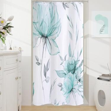 Imagem de Litabel Cortina de chuveiro floral em aquarela boho pequena 91 x 182 cm, estilo pintura de tinta azul petróleo e cinza, cortinas de chuveiro de flores para banheiro elegante e elegante, cortina de