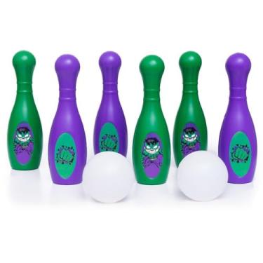 Imagem de Jogo de Boliche Infantil, 6 Pinos 28cm e 2 Bolas 10cm, Verde e Roxo, 8 Peças