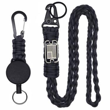 Imagem de cibtdtl Chaveiro retrátil de 2 peças, porta-crachá mosquetão resistente com carretel extensível para identidade, cordão de paracord da bandeira dos EUA, cabo de aço e colar de corda de paraquedas