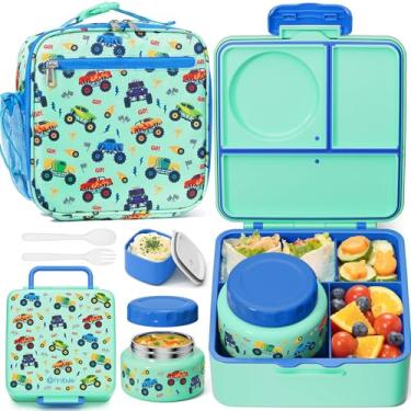 Imagem de Fimibuke Lancheira infantil Bento com garrafa térmica, à prova de vazamento, com pote de comida isolado de 241 g, lancheira e utensílios, livre de BPA, lavável na lava-louças, recipiente de 3 ou 4