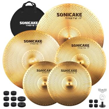 Imagem de SONICAKE Conjunto de pratos de baixo volume de 14" HiHat 16" Crash+18" Crash+20" Ride Cymbal Set Dourado 5 peças com bolsa de anca e acessório
