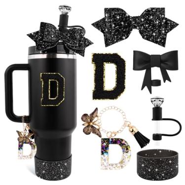 Imagem de Lingdeer Conjunto de acessórios de copo preto para Stanley 850 g e copo de 1,134 g com alça, pingentes de letras, capas de canudo de arco e diamante, bota de silicone com glitter, adesivo