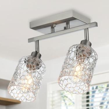 Imagem de VINLUZ Kit De Iluminação Trilho Com Holofote Direcional Níquel Escovado 2 Luzes Cúpula Vidro Transparente, Luminária Teto Semi-Embutida Para Penteadeira Banheiro