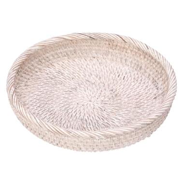 Imagem de Hipiwe Bandeja de servir decorativa de vime redonda média feita à mão para mesa de centro, sala de estar, lavagem branca
