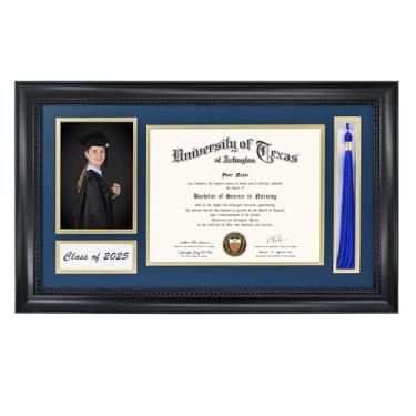 Imagem de GMFrames Moldura de diploma Class of 2025 com suporte de borla para certificado de 20,5 x 28 cm e foto 12,5 x 17,8 cm, madeira maciça, vidro temperado, azul marinho sobre tapete dourado
