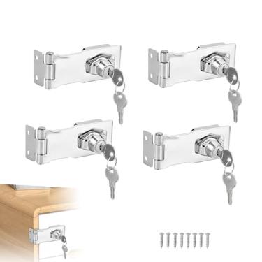 Imagem de KEJJNYER 4 pacotes de trava de ferrolho com chave de 10 cm, fecho de bloqueio com chave de botão giratório prateado, trava de ferrolho resistente com chaves para armários, porta pequena (10 cm)