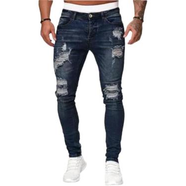 Imagem de Calças De Moletom Masculinas Sexy Hole Jeans Calças Outono Masculino Rasgado Skinny Stretch Calças Slim Biker Blue Pencil Pants, Image Color, XL
