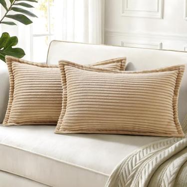 Imagem de decorUhome Capas de almofada de veludo cotelê marrom claro 30,5 x 50,8 cm, conjunto de 2 capas de almofada decorativas para sofá de casa de fazenda, macio, boêmio, neutro, europeu, com lateral larga