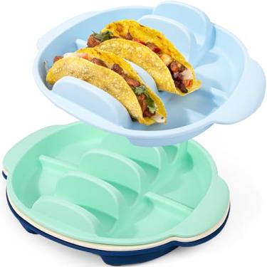 Imagem de Conjunto de 2 suportes de placas de tacos de silicone, placas de suporte de taco com divisórias, suportes de silicone para tacos macios e duros, suportes antiderrapantes para taco (4 peças (azul claro