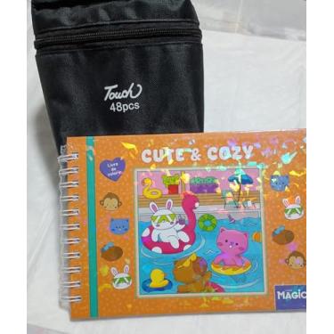 Imagem de Kit Caneta e Livro de Colorir Cute & Cozy Bob, 48 Canetas Coloridas e Livro Infantil Educativo, Ponta Fina dupla, livro Capa dura ROSA