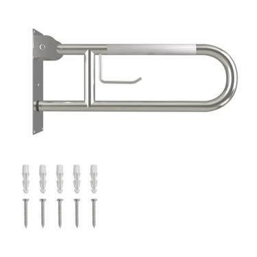 Imagem de Barra de apoio para vaso sanitário de 58 cm, barra de apoio dobrável com suporte de papel, barras de segurança antiderrapantes para vaso sanitário, alças serrilhadas de aço inoxidável para idosos com