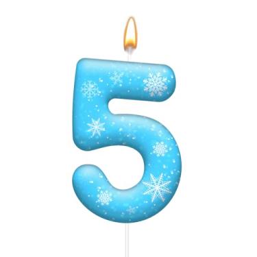 Imagem de Velas brancas e azuis de aniversário de festa com tema Frozen – velas com números azuis, decorações de festa com tema de floco de neve, suprimentos de festa para meninas (número 5)