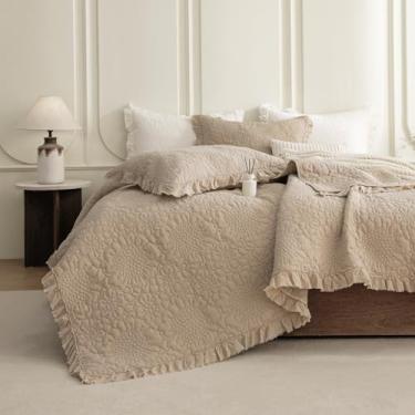 Imagem de QSH Conjunto de cama king size de algodão lavado em pedra 3 peças (279 x 248 cm), colcha king size com babados de trigo, colcha de cama ultraleve, macia, enrugada, cama king shabby farmhouse chique