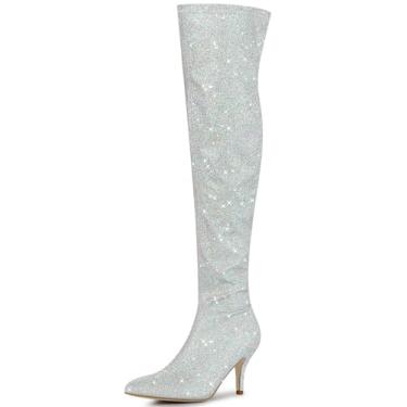 Imagem de Botas Allegra K femininas com glitter bico fino salto stiletto sobre o joelho, Prata, 5.5