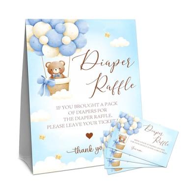 Imagem de Conjunto de sorteio de fraldas de urso de pelúcia azul para chá de bebê - 50 bilhetes de sorteio com 1 placa de pé - anúncio de bebê, revelação de gênero, conjunto de jogos de decoração de festa de