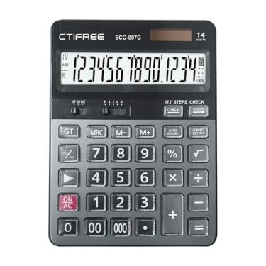 Imagem de Calculadora de desktop 14 dígitos Power solar grande e bateria calculadora de botão Big Butter com chaves de cristal para a escola de escritório Contabilide Cinza 19.8x14.5cm