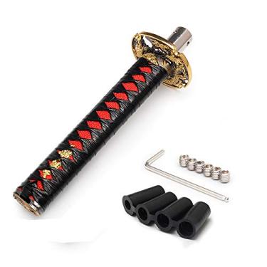 Imagem de WENJTP Htostar Racing Katana Samurai Botão de câmbio de espada Katana Cortex disco universal para carros manuais com adaptadores preto + vermelho (20 cm)