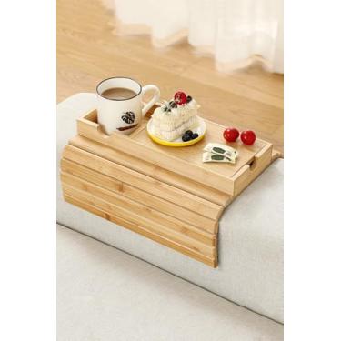 Imagem de ROCDEER Bandeja de braço de sofá, suporte de copo grande de bambu para sofá com armazenamento oculto, bandeja de apoio de braço portátil antiderramamento para bebidas e lanches