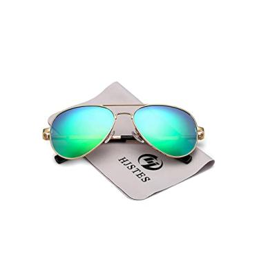Imagem de Óculos de sol aviador polarizado infantil – Óculos de sol polarizados HOHENS para rosto pequeno, feminino, masculino, lentes de proteção UV400, 52 mm, B2 (espelho dourado/verde), MM