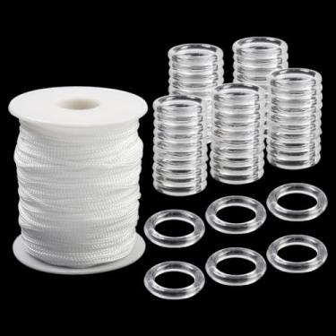 Imagem de SOFPLATE Kit de reparo de cordão de persiana romana de 50 m com 100 peças de anéis de cortina de nylon branco redondo conjunto de corda de plástico de substituição acessórios para fazer você mesmo