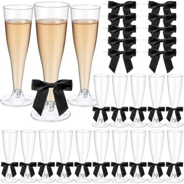 Imagem de Zopeal 10 peças de taças de champanhe de plástico transparente 170 g cálice de flauta para brindar de casamento com 50 peças de decoração de laço, copos reutilizáveis inquebráveis para despedida de