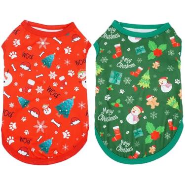 Imagem de JpGdn Pacote com 2 peças de camisetas de cachorro de Natal, colete sem mangas para cães extra pequenos, vermelho, verde, leve, respirável, roupa com estampa de pata, boneco de neve, árvore de Natal,