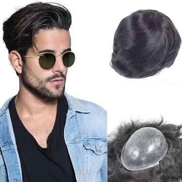 Imagem de Lavishairs Perucas masculinas de poliuretano completo de cabelo humano peruca masculina prótese capilar substituição 1B/1B20/1B40/1B60/1B80 cor 15 cm comprimento do cabelo 0,08-0,10 mm base de