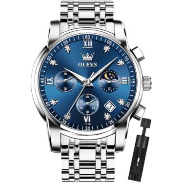 Imagem de OLEVS Relógio de pulso masculino quadrado de aço inoxidável à prova d'água luminoso em dois tons de quartzo, analógico, quartzo, data e diamante, Relógio azul prateado 2858, relógio masculino