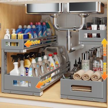 Imagem de Pacote com 2 organizadores e armazenamento embaixo da pia de 51 cm, organizador de armário em forma de L de 2 camadas com trilhos deslizantes atualizados, gavetas ajustáveis de altura para cozinha e