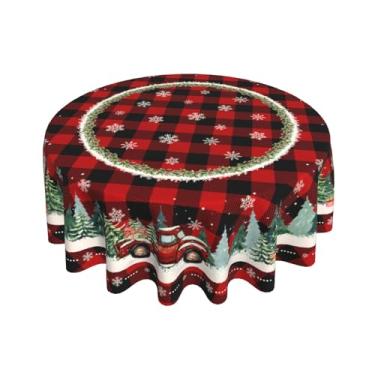 Imagem de Robvobe Toalha de mesa redonda xadrez de Natal 152 cm, caminhão vermelho, árvore de Natal, floco de neve, inverno, férias, decorativa, lavável, toalha de mesa de poliéster para festa, piquenique, casa