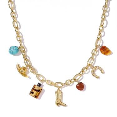 Imagem de KissYan Colar feminino com berloque ocidental, banhado a ouro 14K, ferradura, turquesa, pingente de vaqueira, clipe de papel, joia delicada, presente